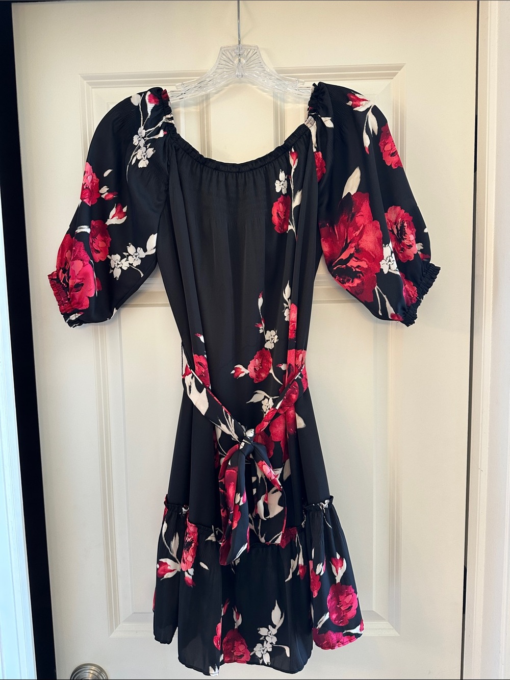 White House Black Market Black Mini Dress with Red Floral Print
